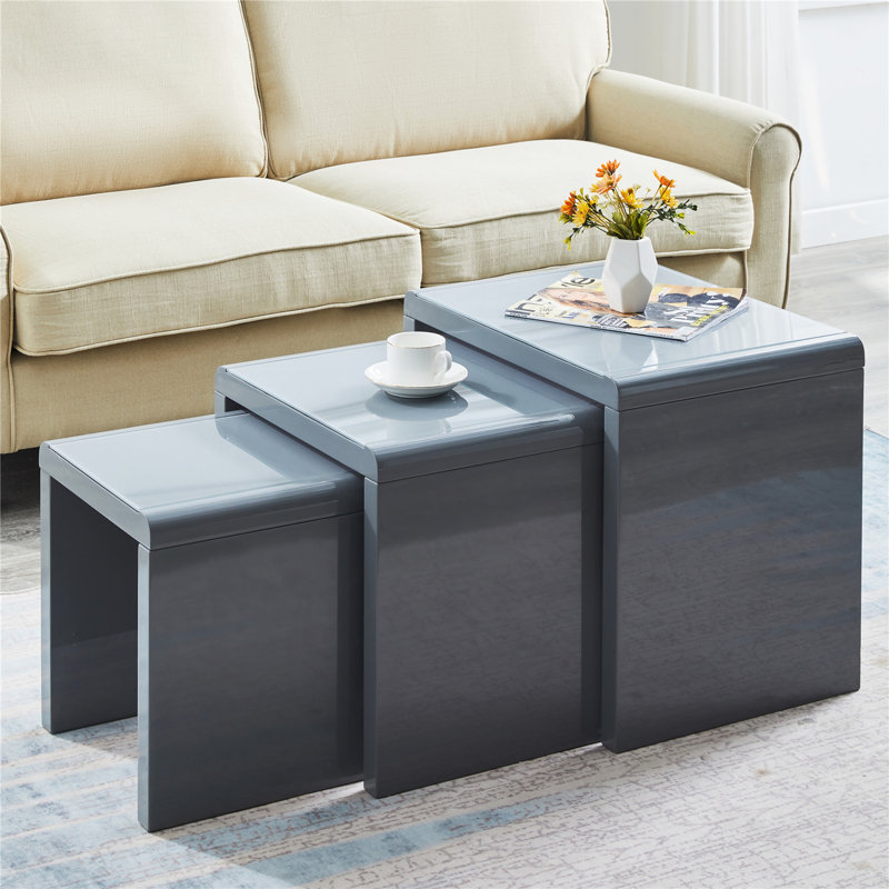 Beula 3 - Piece Stackable Living Room Center Table Nesting Table Set With Tempered Glass Top, Grey