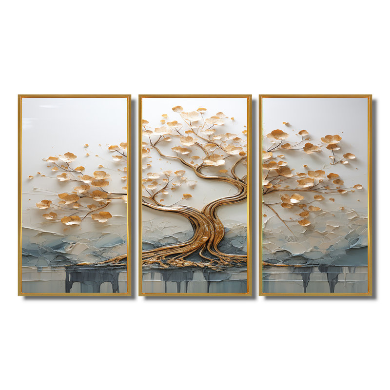 Arbre doré dans un lac au début du printemps I - ensemble d'art mural arbre, Cadre flottant doré, H 28 po x l 36 po x P 1 po