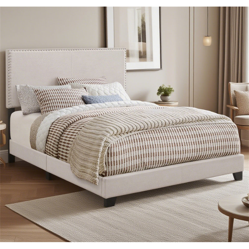 Upholstered Platform Bed, Knock Down Mattress Foundation, No Box Spring Required, California King, Ivory