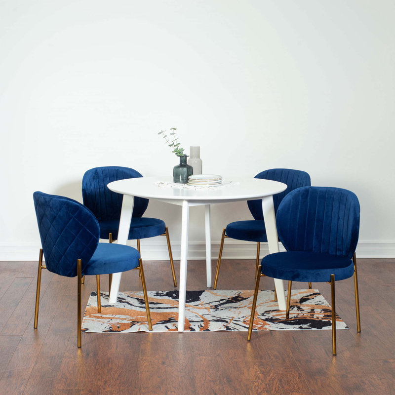 5-Piece Dining Set, White Round Dining Table With 4 Chairs, Navy/Gold