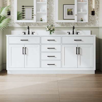 80" W x 35" H Freestanding Bathroom Solid Wood Vanity With White Cultured Marble Countertop And Ceramic Double Sink,White