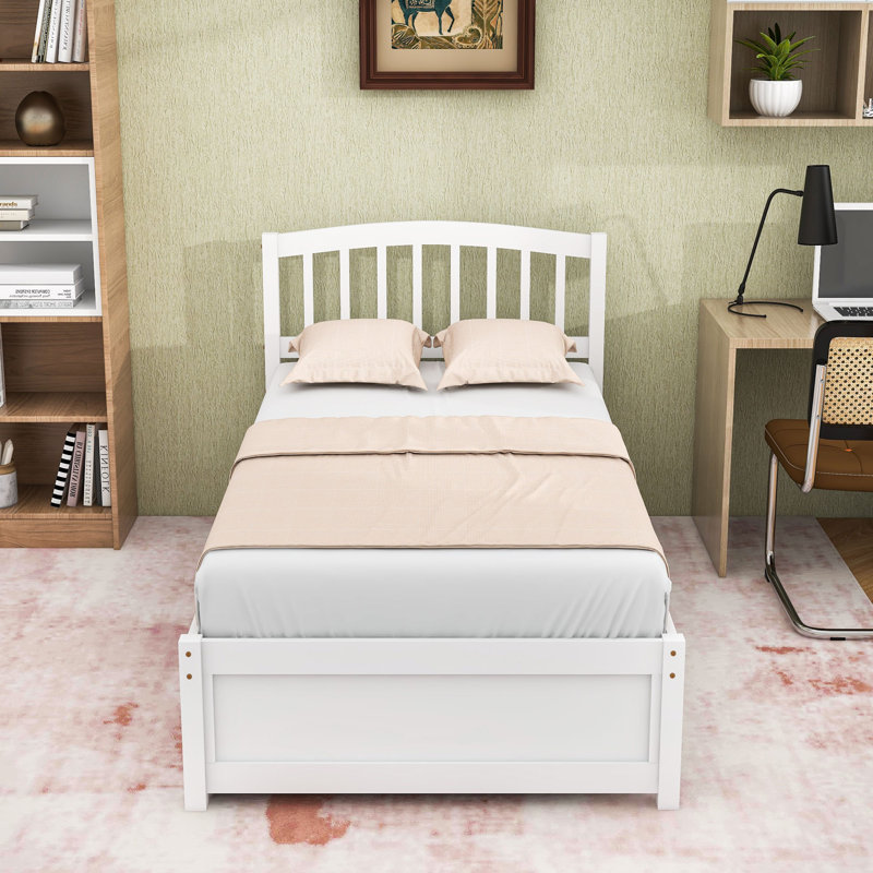 Lit plateforme simple en bois avec lit gigogne simple, Blanc