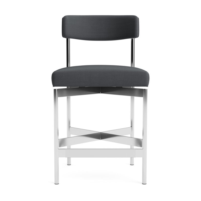 Remy Bar Stool, Performance Linen - Charcoal, Polished Stainless Steel, Counter Stool (25” Seat Height)