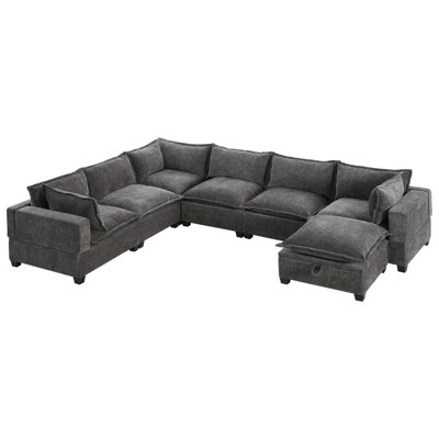 Modular Chenille Sectional Sofa with Movable Storage Ottoman