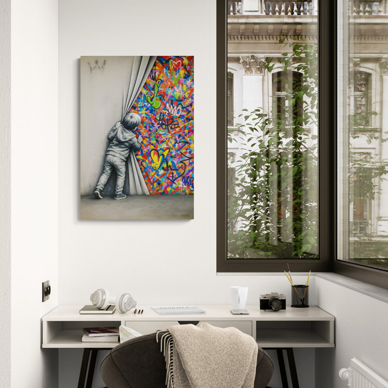 Banksy Style Boy Pulling Curtain Graffiti Portrait Wall Art - Canvas Framed Print, 120cm H x 86cm W