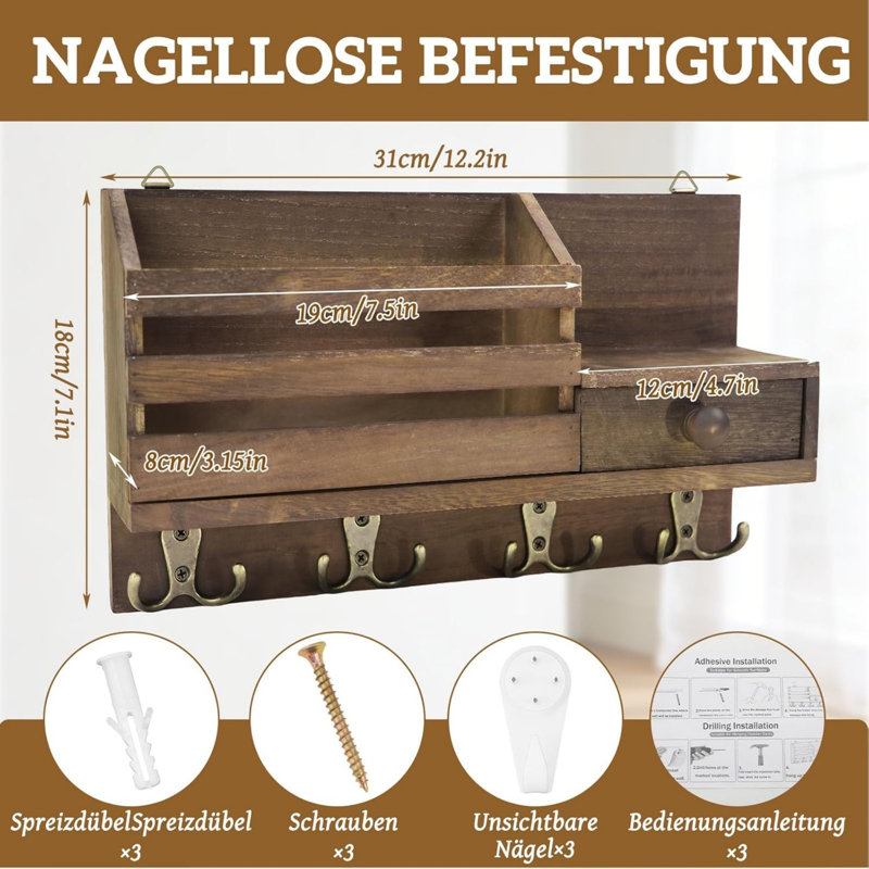Wood Wall Organizer with Wall Baskets