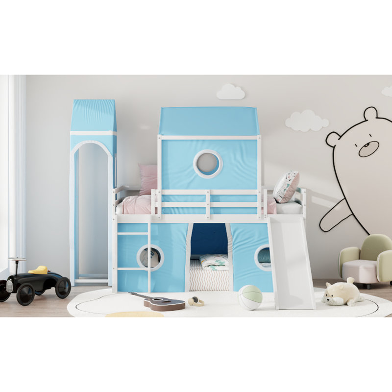 Lit simple mezzanine bleu avec glissade, tente rose et tour