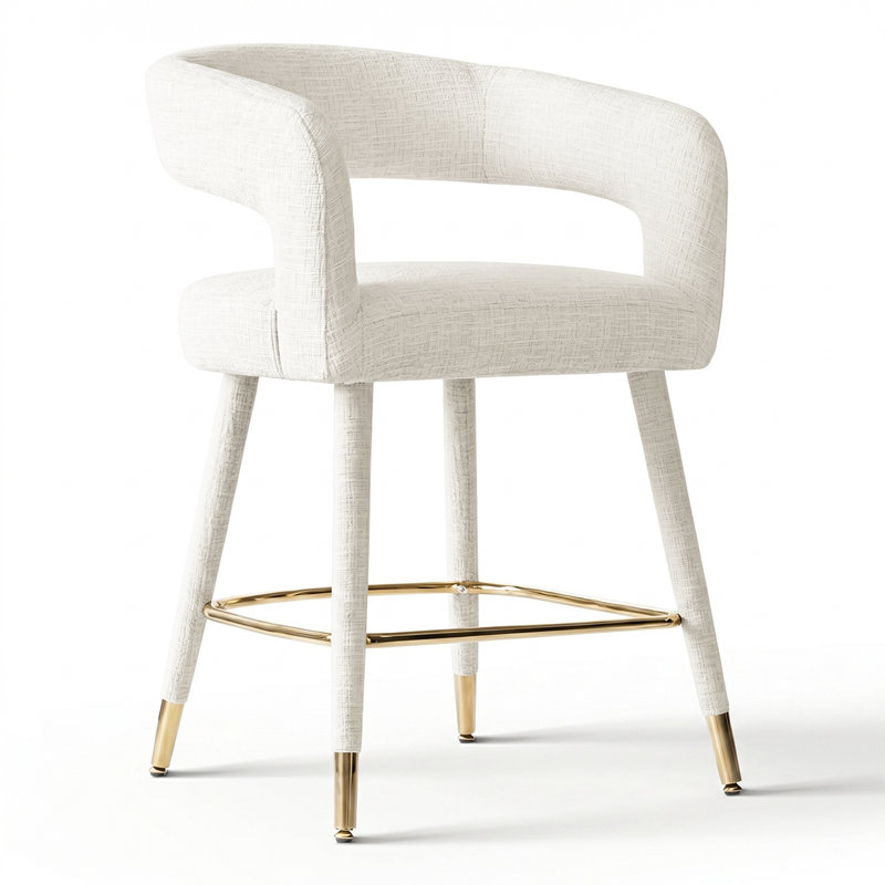 Tabouret de bar 24 po à hauteur de comptoir avec dossier en tonneau ouvert et repose-pieds doré, Offwhite