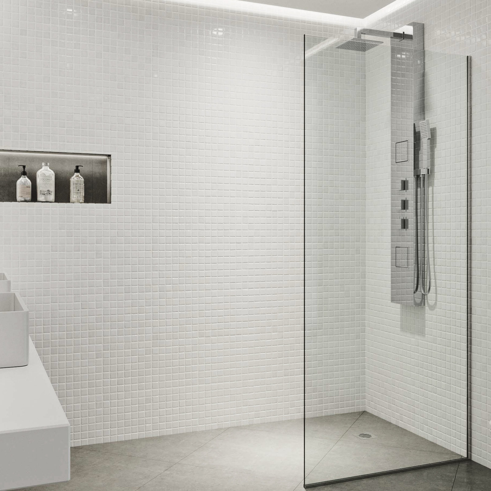 Zenith Frameless Fixed Shower Screen, Chrome Clear