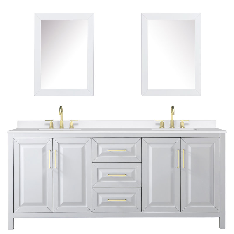 Daria 80 in. with Mirror Vanity, White Quartz, White, Brushed Gold