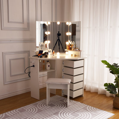 Corner Makeup Vanity Desk with LED Lighted Mirror – 3-Color Adjustable Lighting, 5 Rotating Drawers, Power Outlet, Open Shelves & Stool, Elegant Dressing Table for Women and Girls