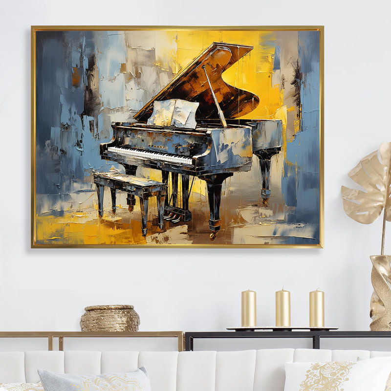 «Yellow and Blue Piano Jazzed Keys» - musique, art mural piano, Cadre flottant doré, H 34 po x l 44 po x P 1,5 po
