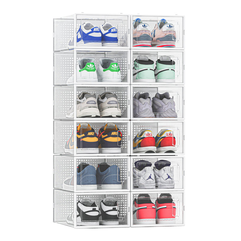 12 Pack Shoe Organizer Storage Bins, Clear Plastic Stackable Shoe Boxes For Closet, Space Saving Foldable Shoe Storage Bins, Sneaker Storage Shoe Box Container, White Frame 