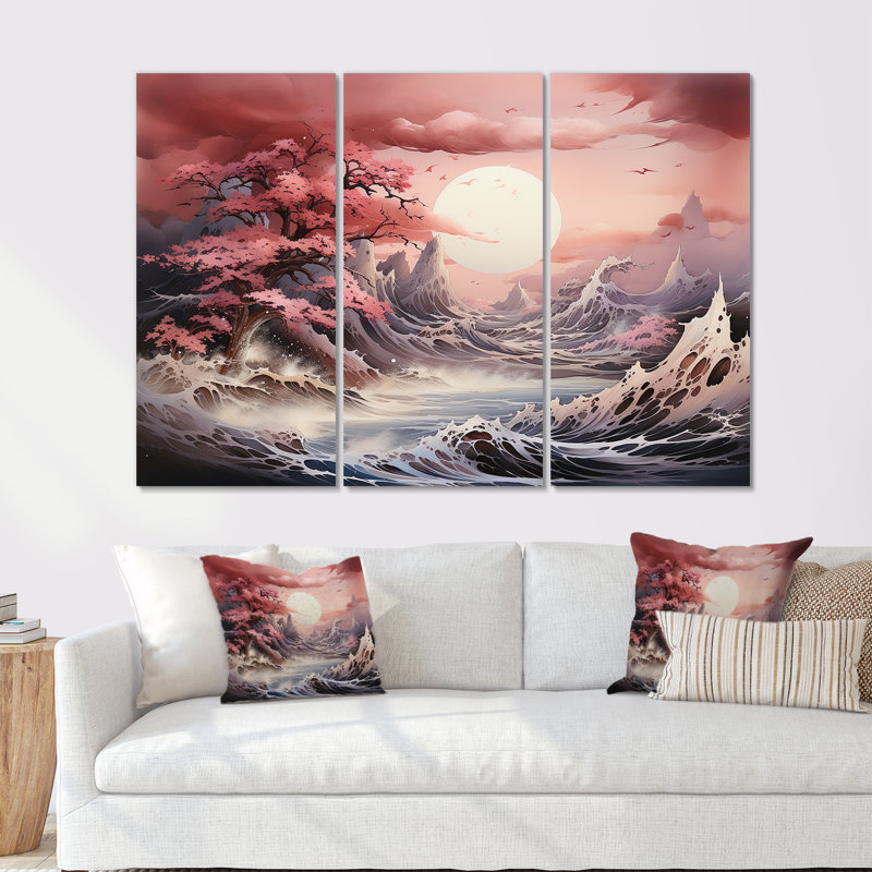 Paysage de tempête océan Japon - ensemble de décorations murales tempêtes, H 28 po x l 36 po x P 1 po, Toile tendue