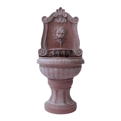 52.4" Sandstone Lion Head Floor Fountain, Two-Tier Outdoor Water Feature, Durable Resin Construction