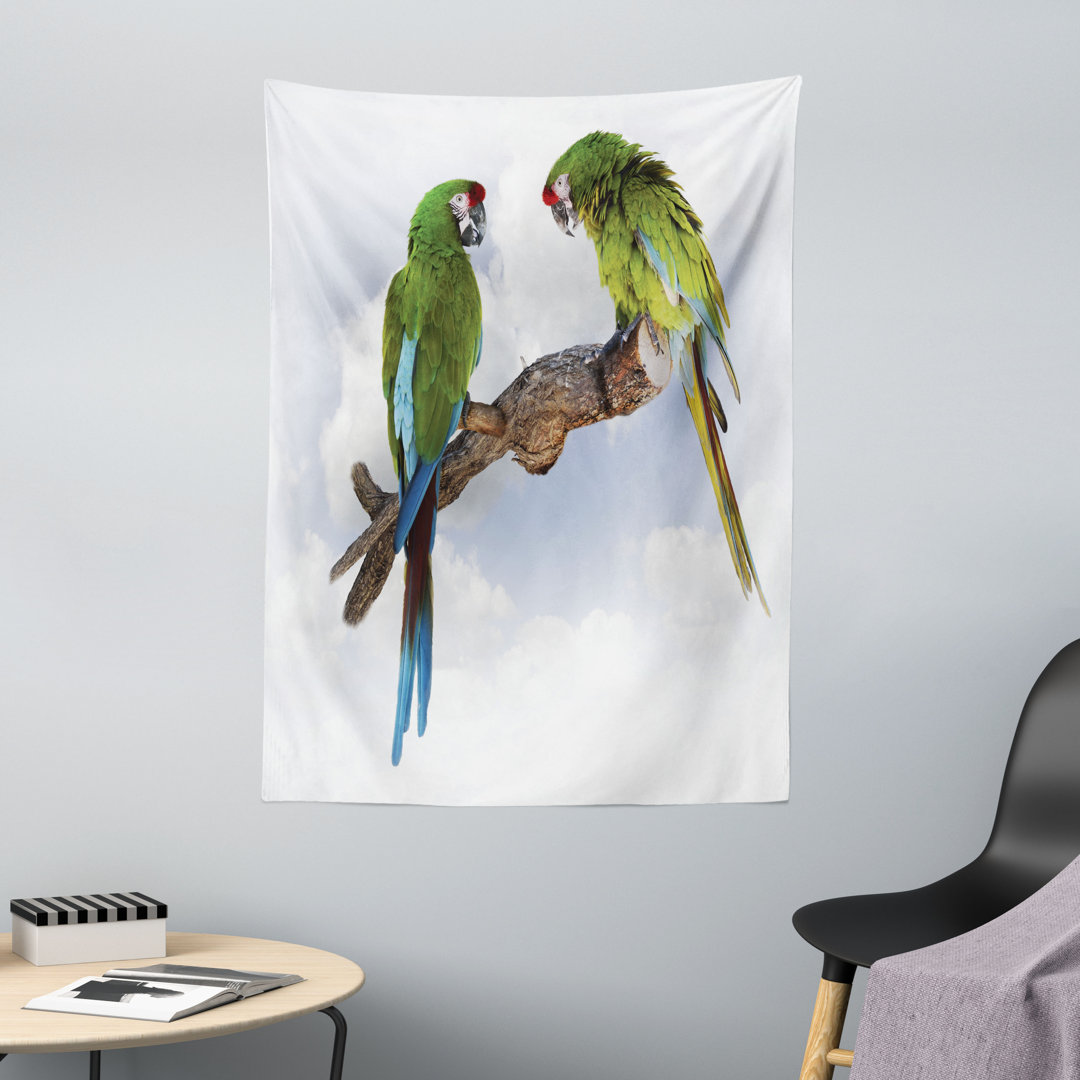 Wandteppich, 2 Parrot Ara Vogel, Tropisch, Braun Grün Weiß