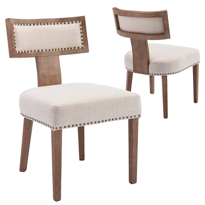 Faranda Mid Century Modern Dining Chairs Farmhouse Linen Fabric Upholstered Accent Chairs Curved, Beige/Light Oak, Light Oak
