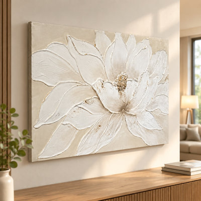 Tableau sur toile 24x48 représentant une fleur de lotus blanche, peinture florale texturée peinte à la main avec accents de feuille d'or