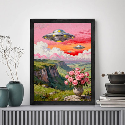 Black Framed Retro UFO & Rose Wall Art, Vintage Sci-Fi Surreal Landscape Frame Print