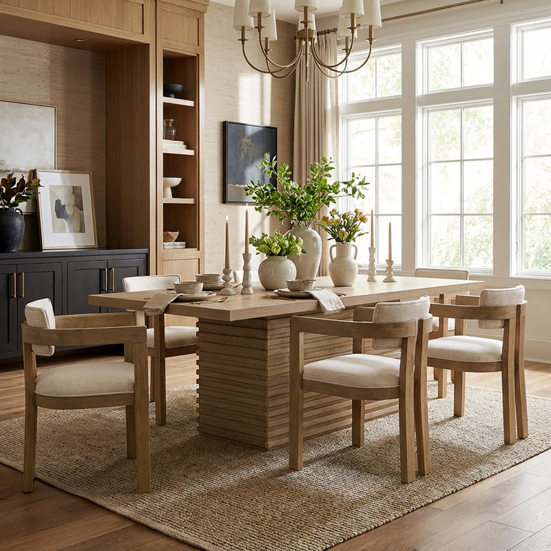 Kushnir 7-Piece Modern Rubberwood Dining Set With Linen-Blend Upholstered Chairs, Light Ash, Beige/Light Ash