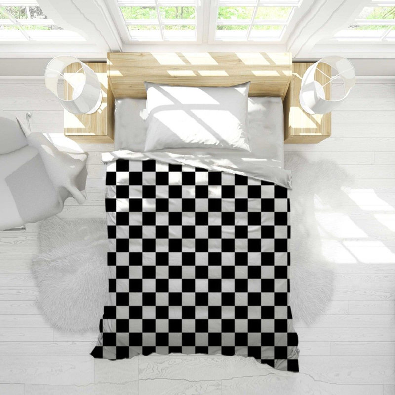 Housse de couette simple à carreaux, Housse de couette pour lit double, Noir