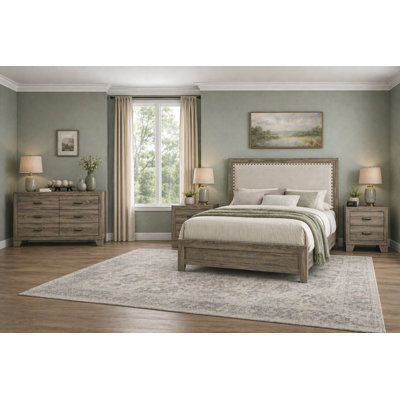 Modern Upholstered Panel Bedroom Set with Fabric in Gray