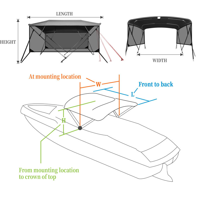 4 Bow Bimini Top with Light-Filtering Side Curtains, Watercraft 600D PU Canvas & 1" Aluminum Frame, 2 Straps, 2 Stable Rear Support Pole