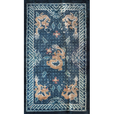 Vintage Chinese Silk Small Scatter Size Blue Color Dragon Rug