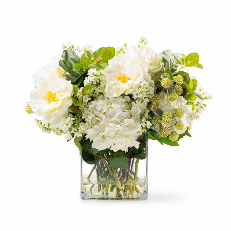 Hydrangea and Berry Square Glass Pot