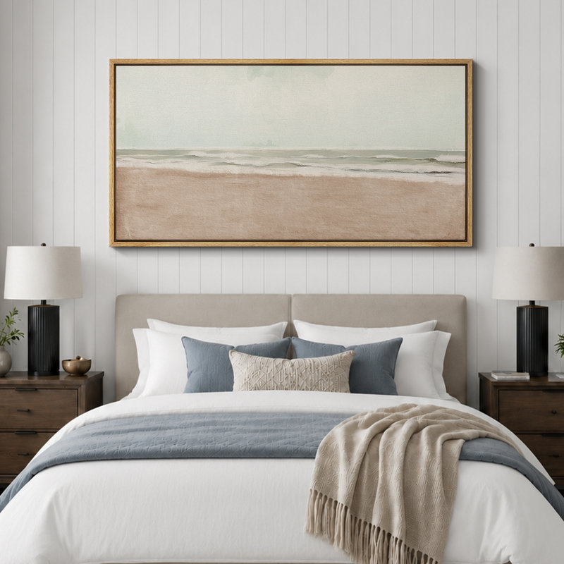 «Coastal Beach Serene Shoreline Abstract Beach», reproduction sur toile encadrée, H 30 po x l 60 po, Naturel