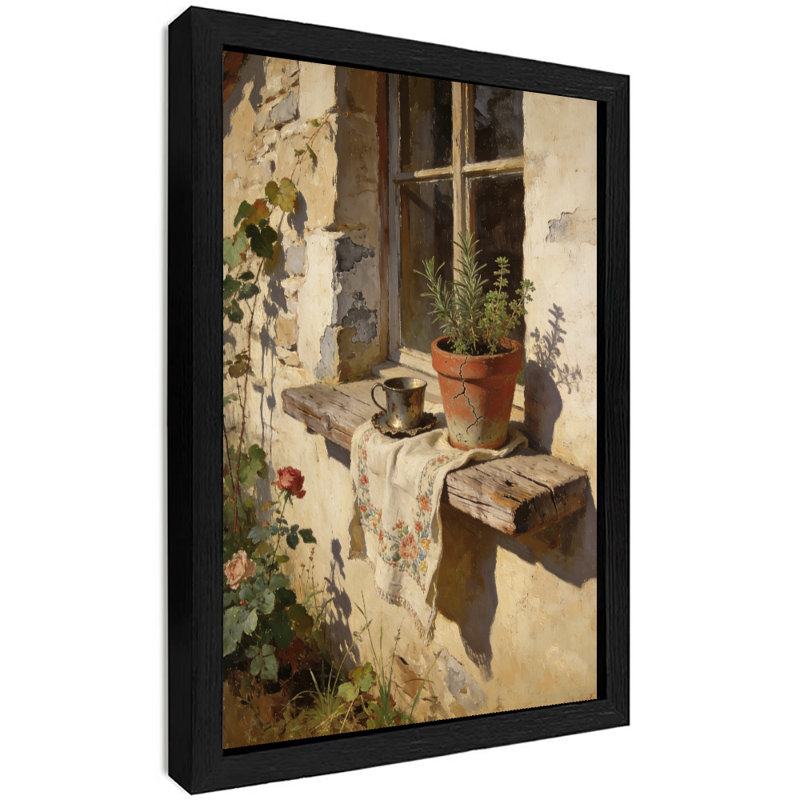 Art rétro encadré noir, vue par la fenêtre, H 17 po x l 13 po