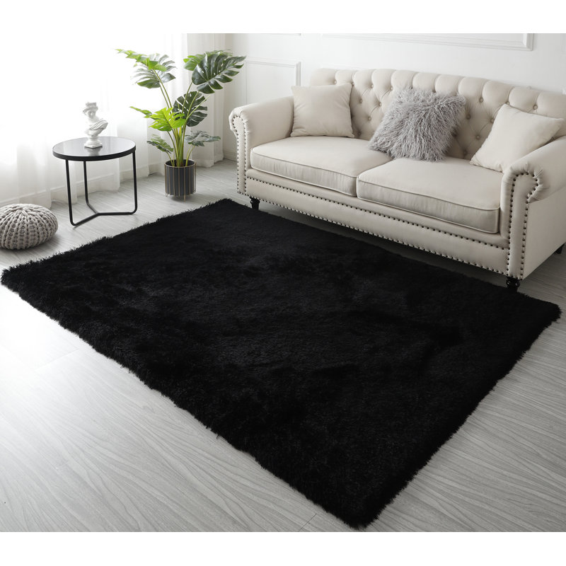 Tapis noir à poil long fabriqué à la main Shanklin, Rectangle 9 pi x 12 pi