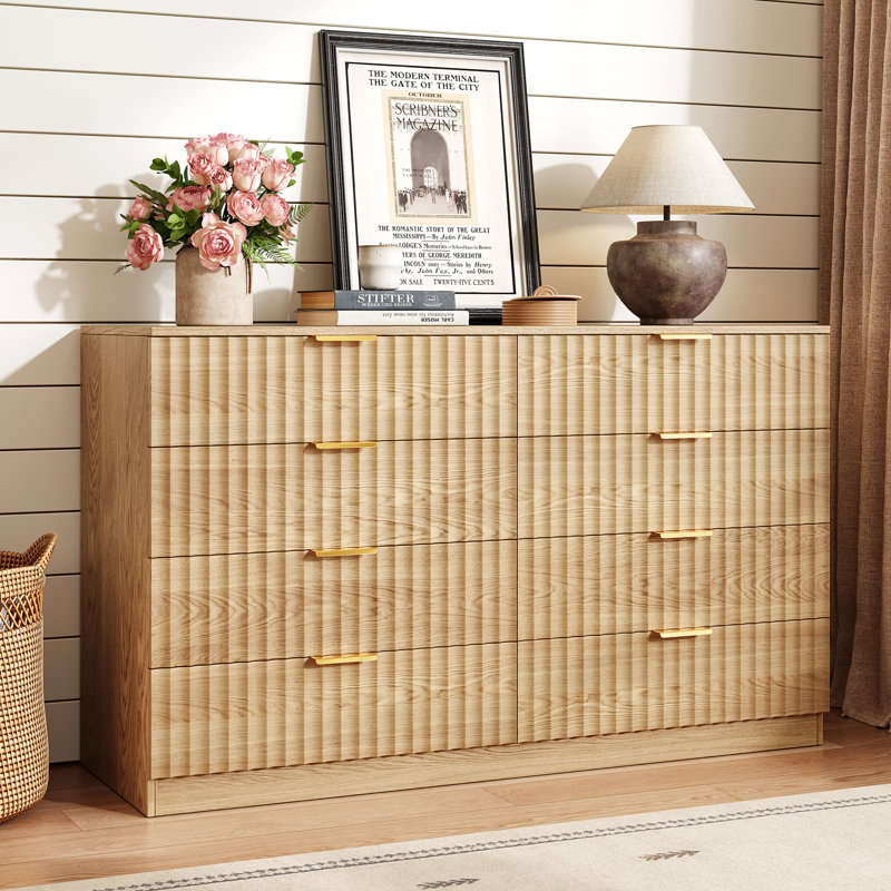 47” W Fluted 8 Drawers Dresser With Mental Handles, Farmhouse Chest Of Drawers For Bedroom, Living Room, Hallway, Brown