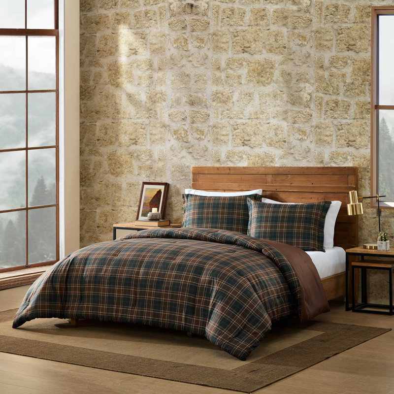 Ensemble d'édredon réversible à carreaux brun Eddie Bauer Huntley, Édredon pour grand lit + 2 taies décoratives