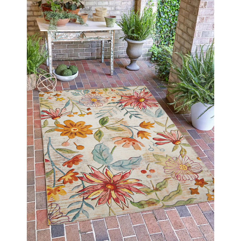 Elling Floral Ivory and Multi Indoor Outdoor Machine Washable Area Rug, Rectangle 3' x 5'