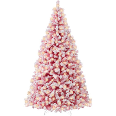 Prelit Pink Artificial Christmas Tree, Snow Flocked Full Holiday Decoration w/ Foldable Base