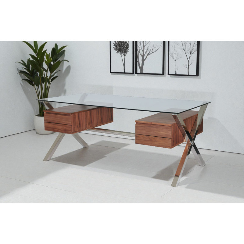 Beverly 4 Drawer - Large Modern Executive Desk with Steel X-shaped Legs – Contemporary Home Office Writing Table