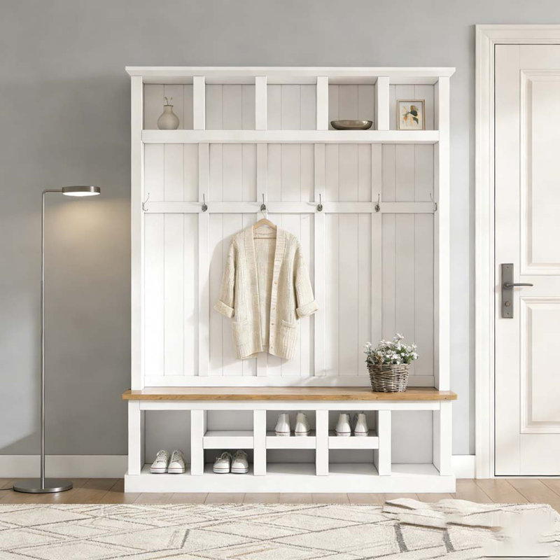Farmhouse Wooden Style 78''H Hall Tree with Wide Storage Seating Bench, Entryway Shoe Cabinet with 13 Compartments, Elegant Coat Rack with 6 Hooks for Mudroom, Living room