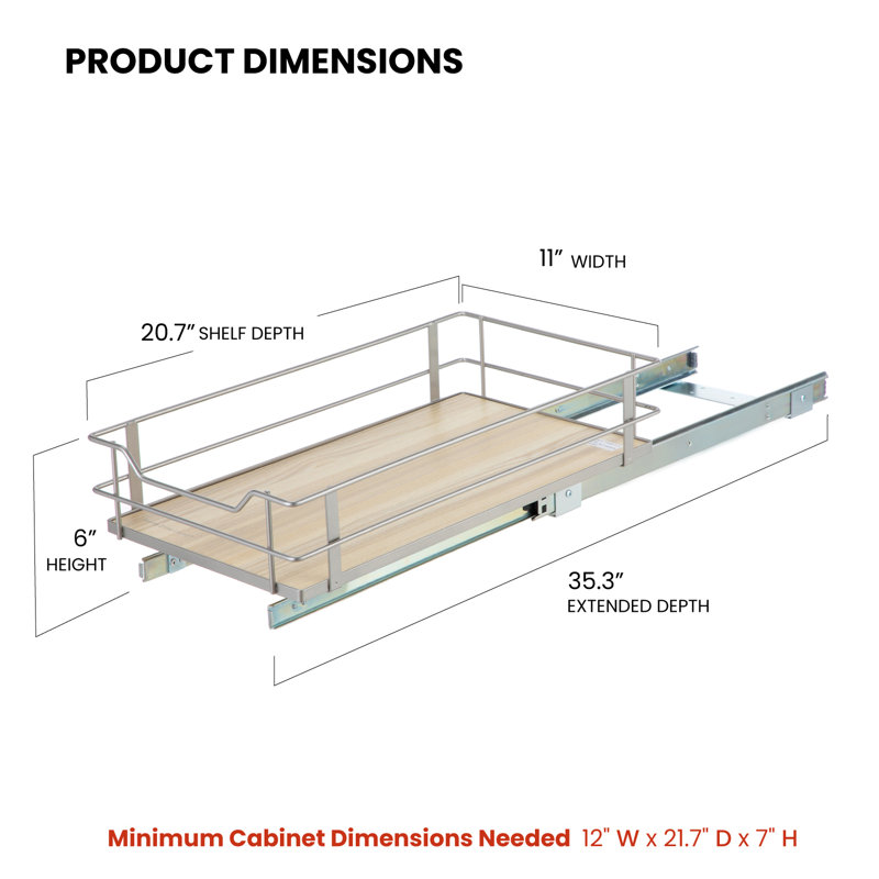 1 Tier Pull Out Kitchen Cabinet Organizer, Silver/Brown, 11" W x 20.7" D