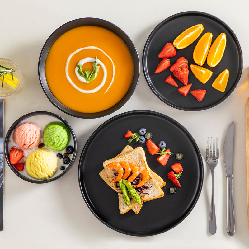24 Piece Stoneware Dinnerware Set - Service for 6, Black