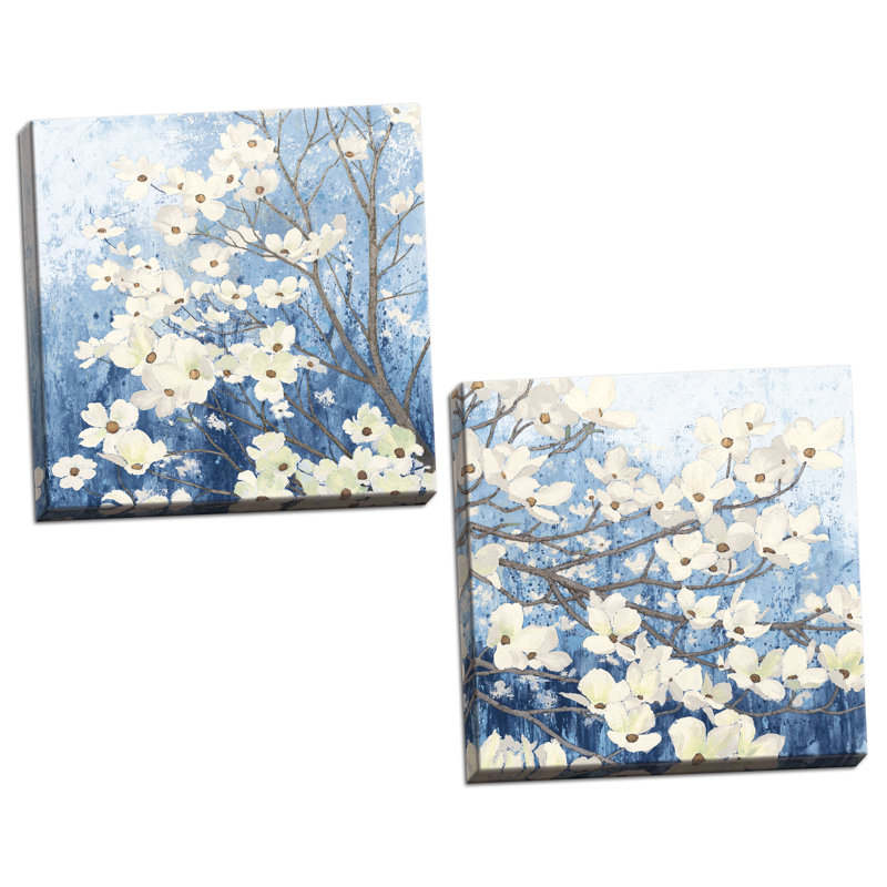 « dogwood fleurs i & ii indigo », ensemble de 2 reproductions d’art en acrylique, H 12 po x l 12 po x P 0,75 po, Toile tendue