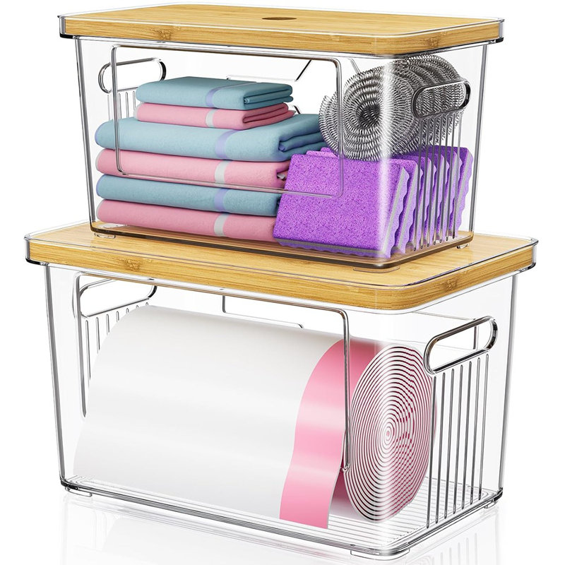 2-Pack Stackable Trash Bag Holders With Bamboo Lids, Acrylic Dispenser For Under Sink, Kitchen, Pantry, Or Laundry Storage
