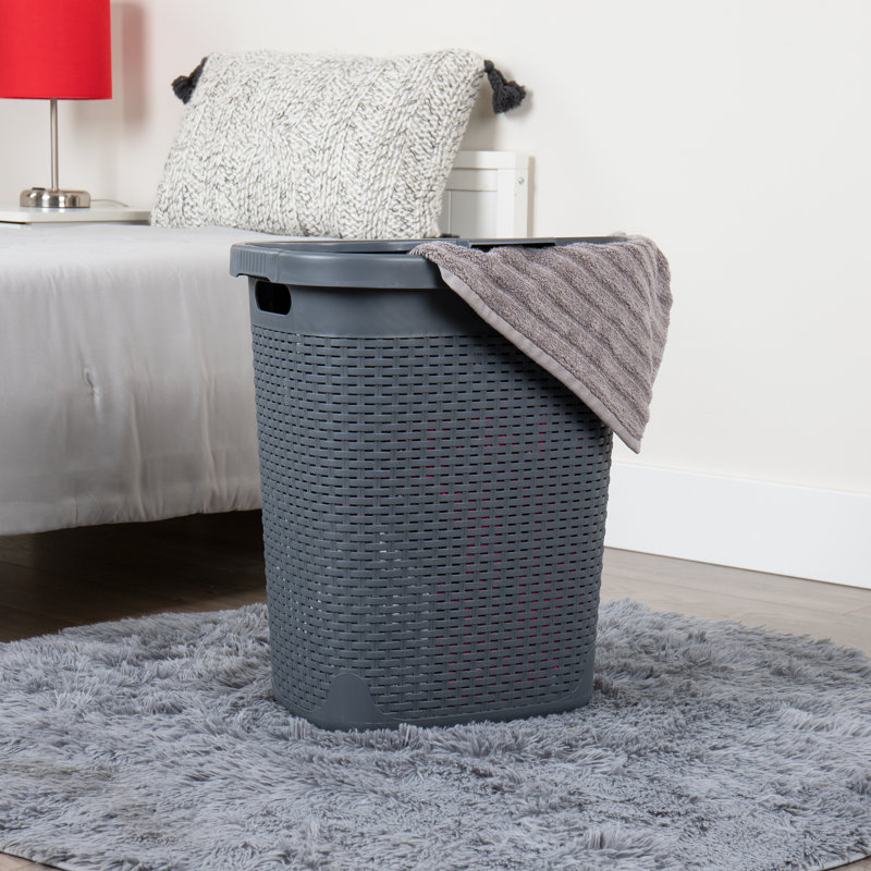 Gray Collapsible Wicker Design Upright Laundry Hamper with Lid