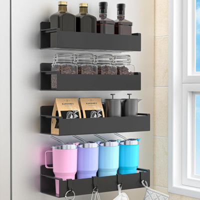 4 Pack Magnetic Spice Rack Organizer for Refrigerator and Oven, Black Fridge Organizers and Storage for Kitchen | Kitchen Magnetic Shelf for Fridge, Spice Organizer and Storage, Baby Bottle Holder for Fridge, Magnetic Tea Bag Organizer