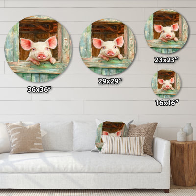 Cute Pig Portrait At The Barn II - Modern Pink Metal Art Print, Pig Round Metal Wall Decor
