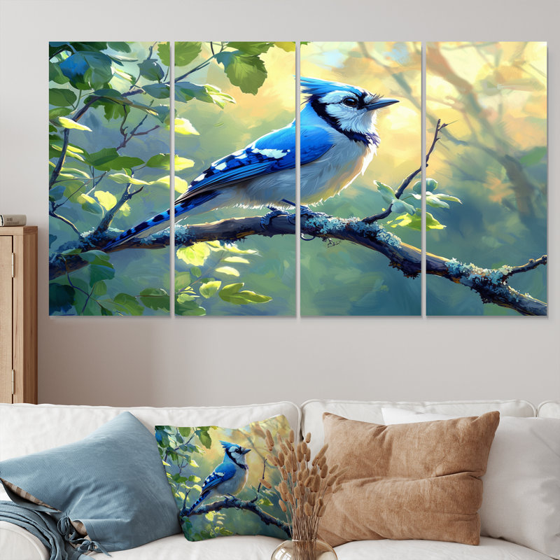 Aquarelle, geai bleu perché sur une branche I - Art mural oiseau - ensemble d'art mural moderne, H 28 po x l 48 po