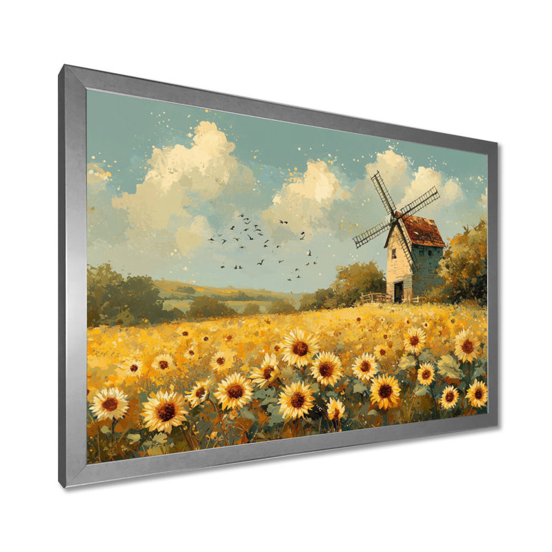Drelon tournesols au moulin à vent en été I - tournesols, art mural, H 30 po x l 40 po, Argent argent