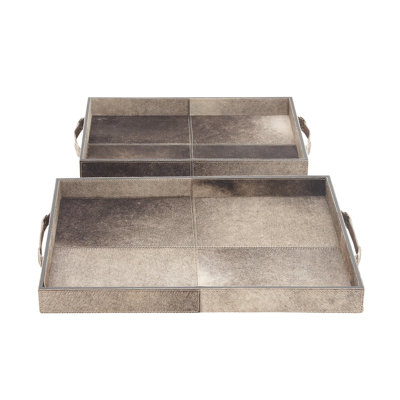  Arabella Leather Gray Wooden Handmade Cowhide Living Room Decor Tray with Slot Handles, Set of 2