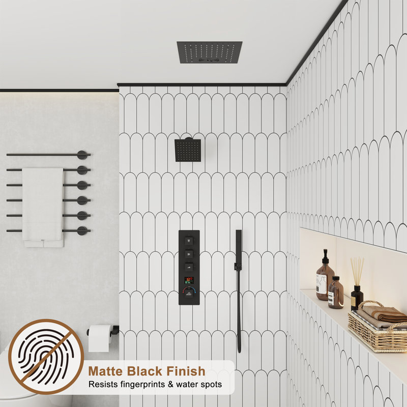 Matte Black 12" LED Rain Shower System with Bluetooth Speaker
