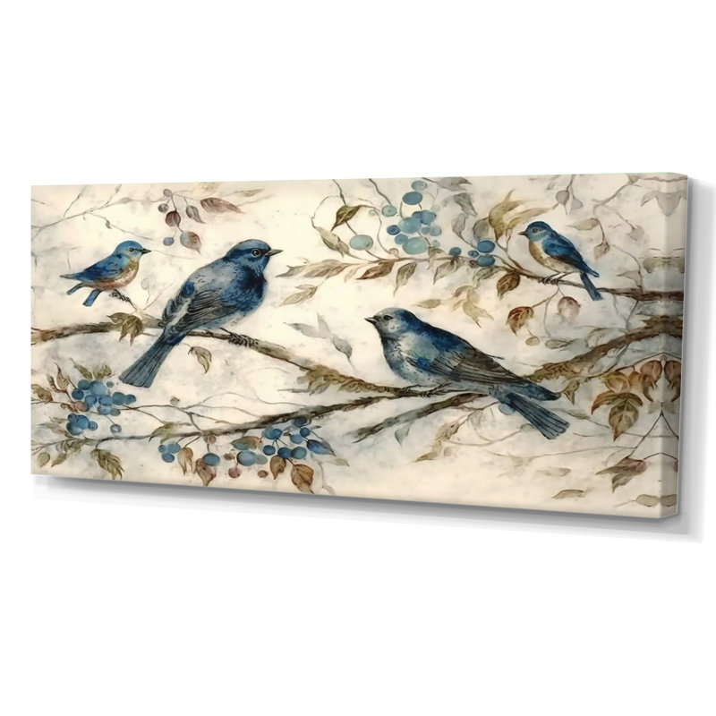 Quatre oiseaux bleus rétro sur une branche IV - Art mural oiseau, Toile tendue, H 28 po x l 60 po x P 1,5 po
